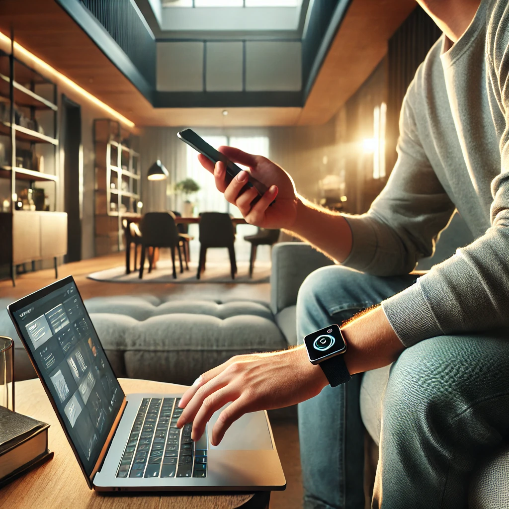 A real life male or female, wearing appropriate clothes for a modern home while using a smartphone, laptop, and a smartwatch.