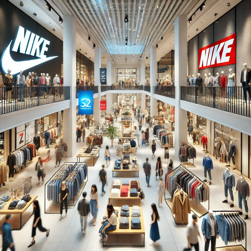 A colourful picture of the shop, showcasing Catarina Fashion Outlet with people frequently shopping with pictorial logos of famous brands inside the store illuminated.