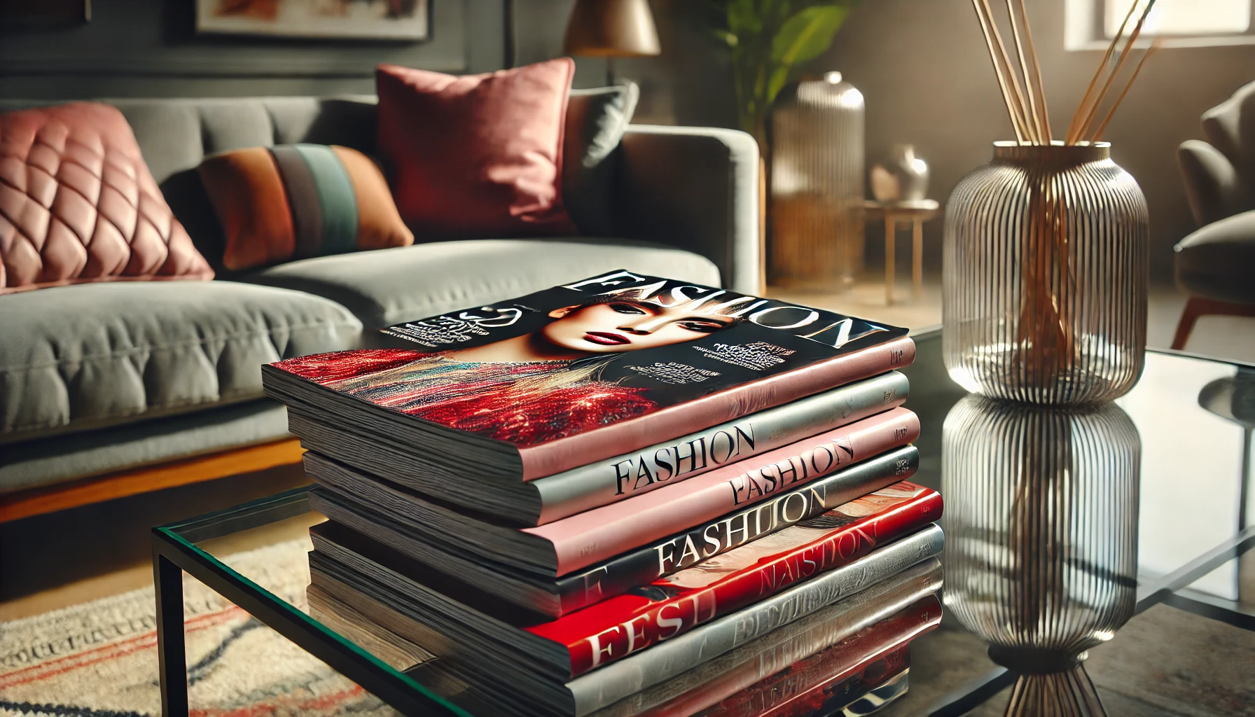 Colourful magazine covers describing stunning fashionable outfits on a contemporary glass topped table.