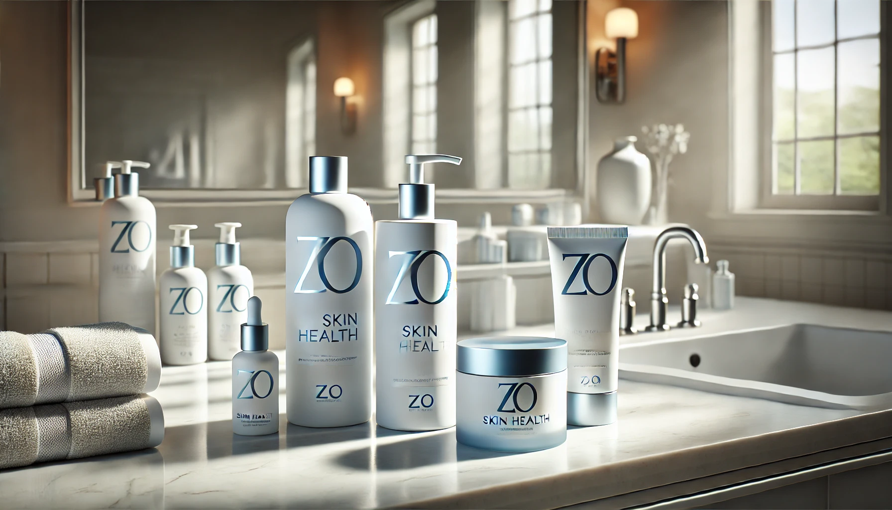 ZO Skin Health products lying on a bathroom counter where the products are packed in a premium way.