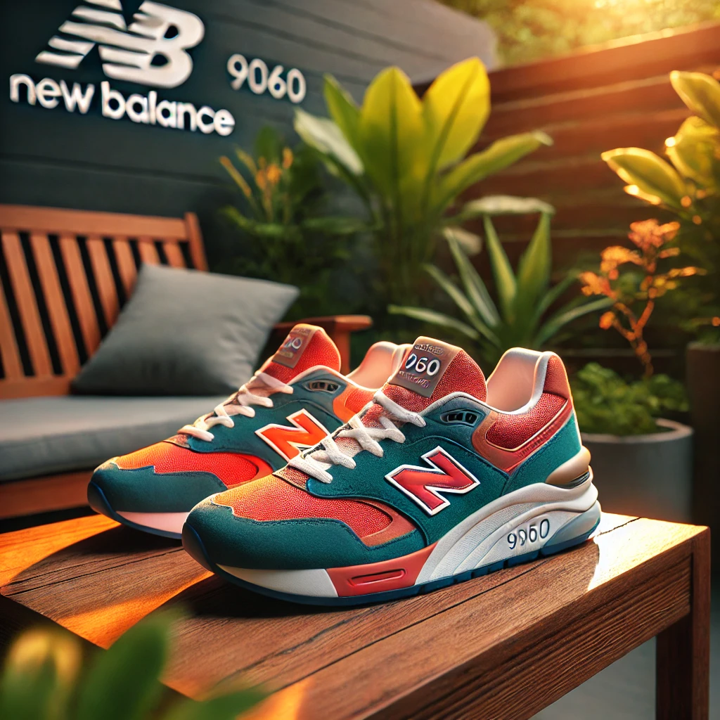 Sneakers New Balance 9060 presented here are located on a wooden bench outside to showcase the exclusivity and the effectiveness of the shoe design that emerged from the previous model.